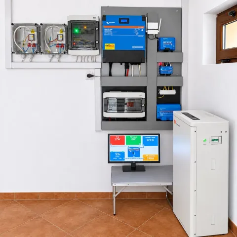 Sistem Victron Multi RS de 6kW cu un tracker MPPT suplimentar si o baterie de stocare de 16kWh.