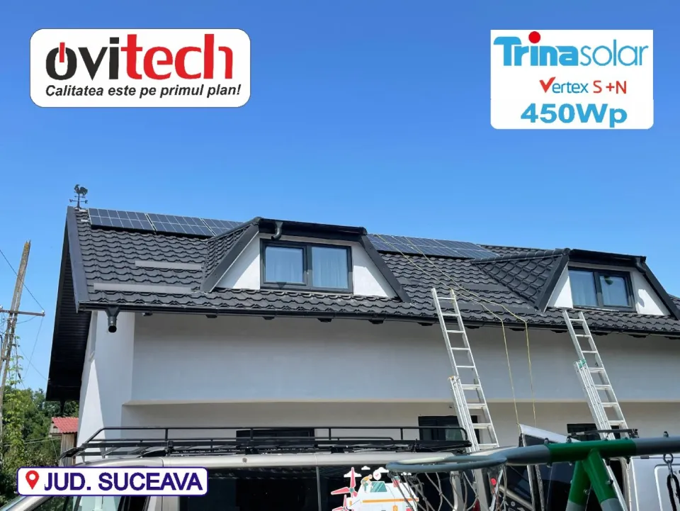 Sistem fotovoltaic 4 kW monofazat cu baterie Sungrow 12,8 kWh, jud. Suceava — panouri fotovoltaice montate de Ovitec
